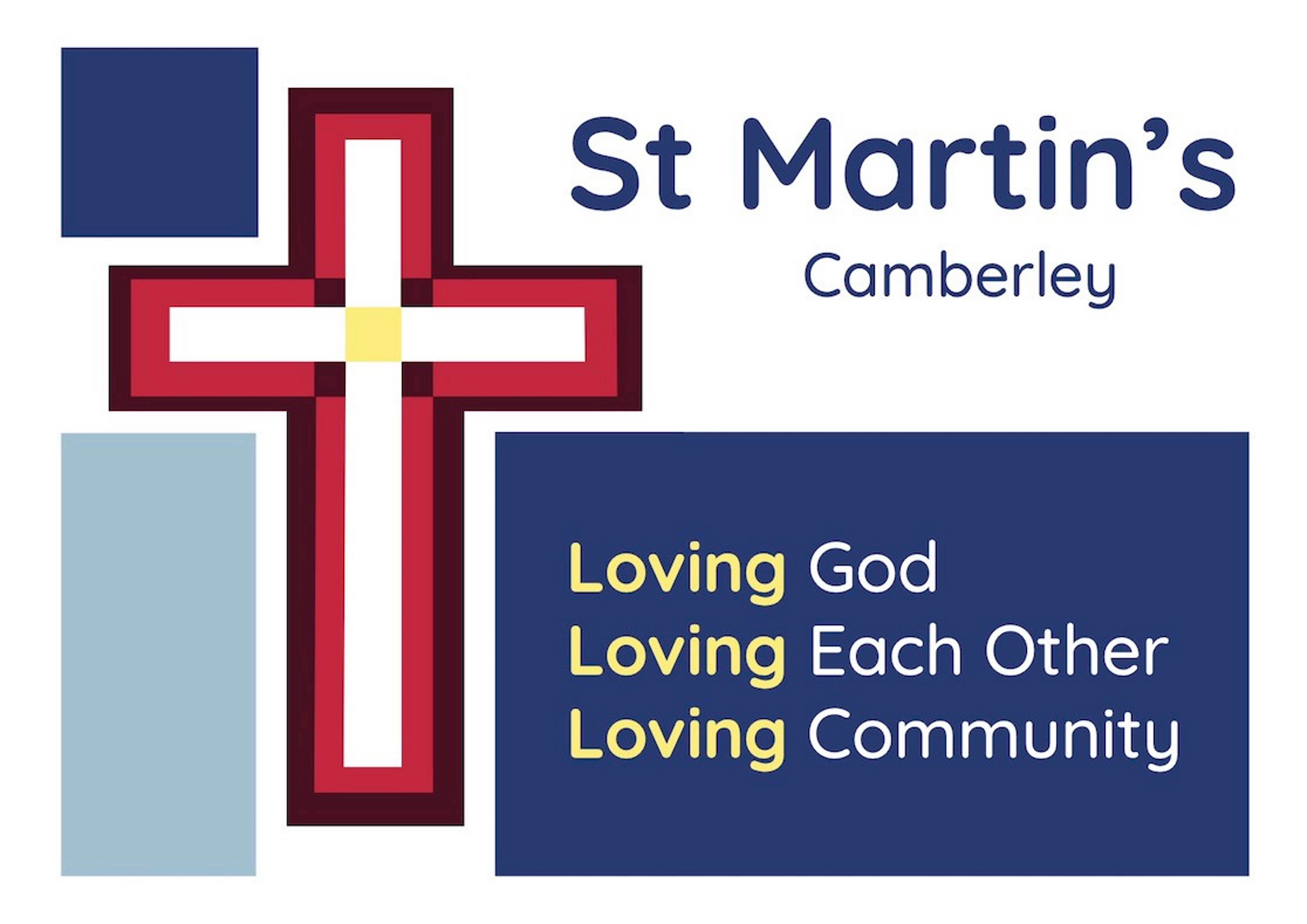 Logo of a cross saying St Martin's Camberley, Loving God, Loving Each Other, Loving Community