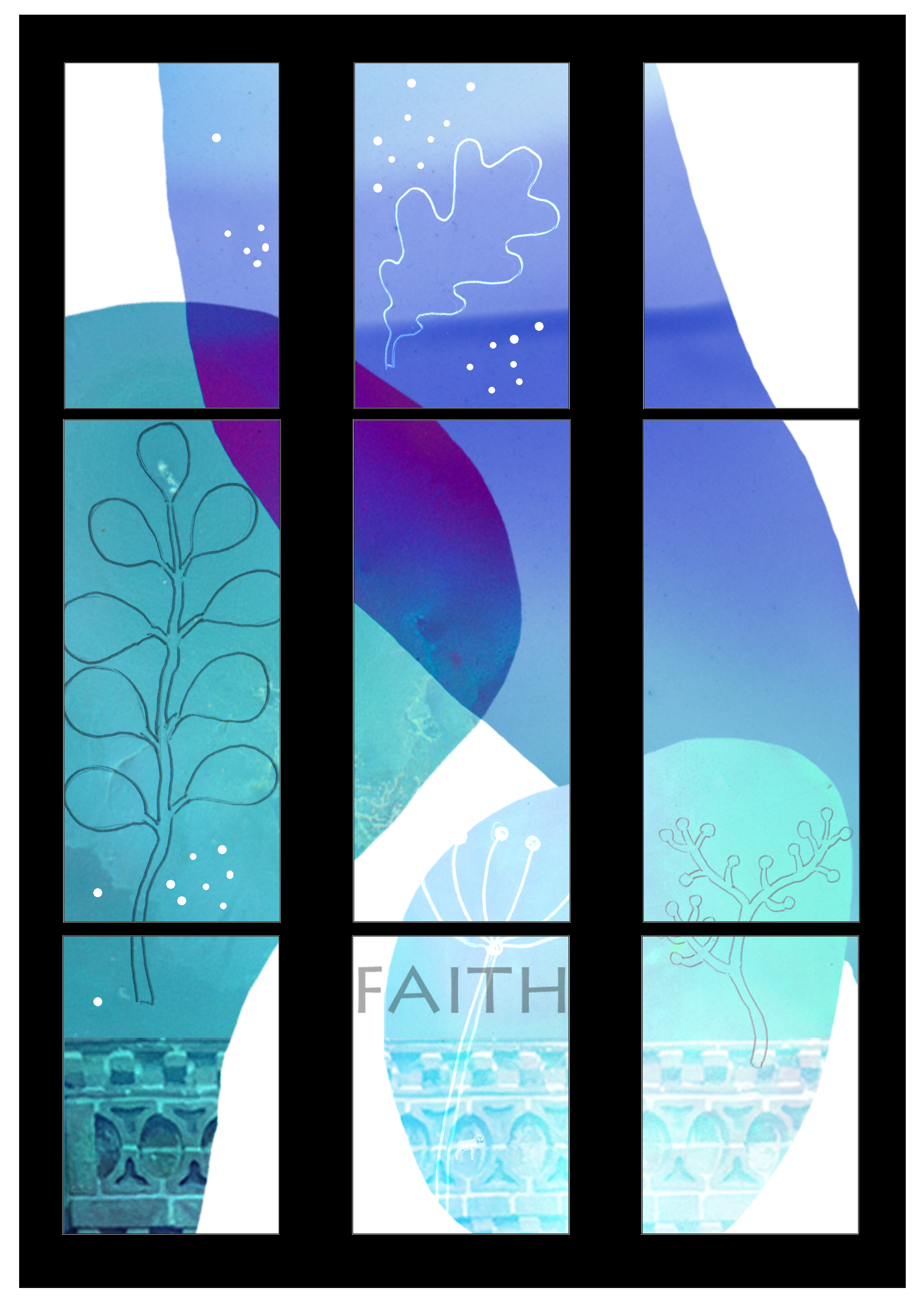 Artist impression of a new modern stained glass window with blue and turquiose shapes, oak leaves, saplings and the word faith