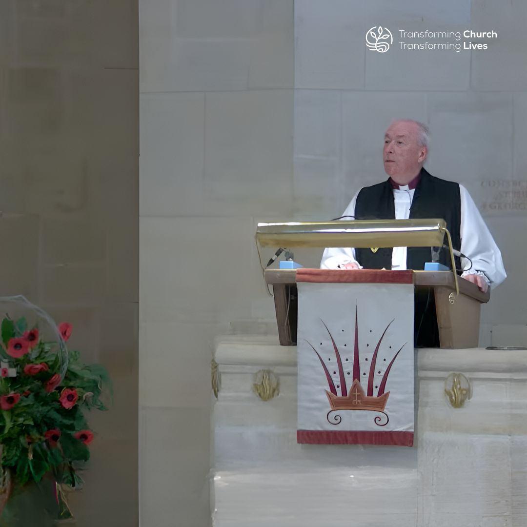 Bishop Paul Davies in the pulpit at Guildford Cathedral delivering the Remembrance Sunday sermon