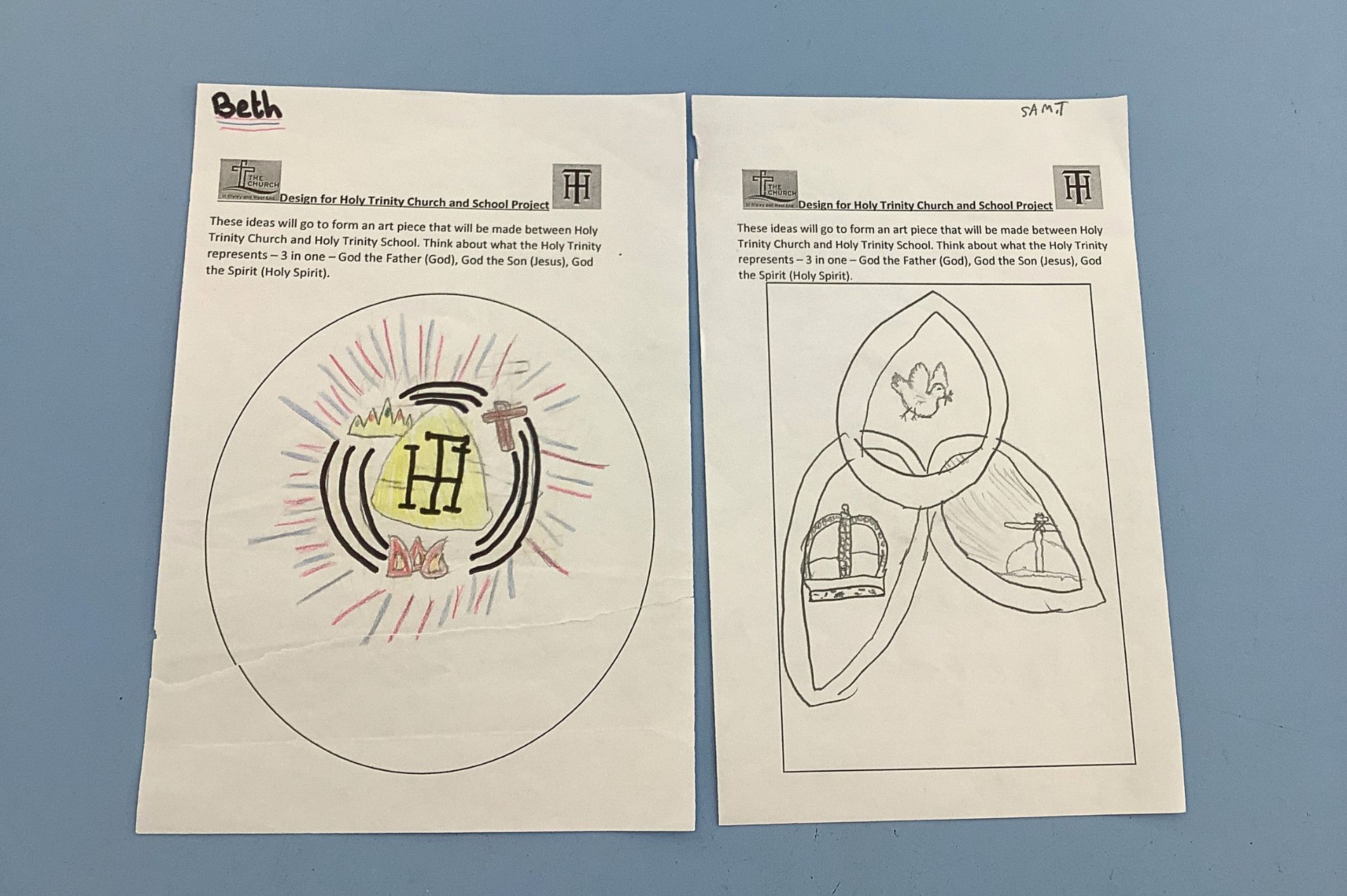 Two handrawings of the winning designs from Sam and Beth