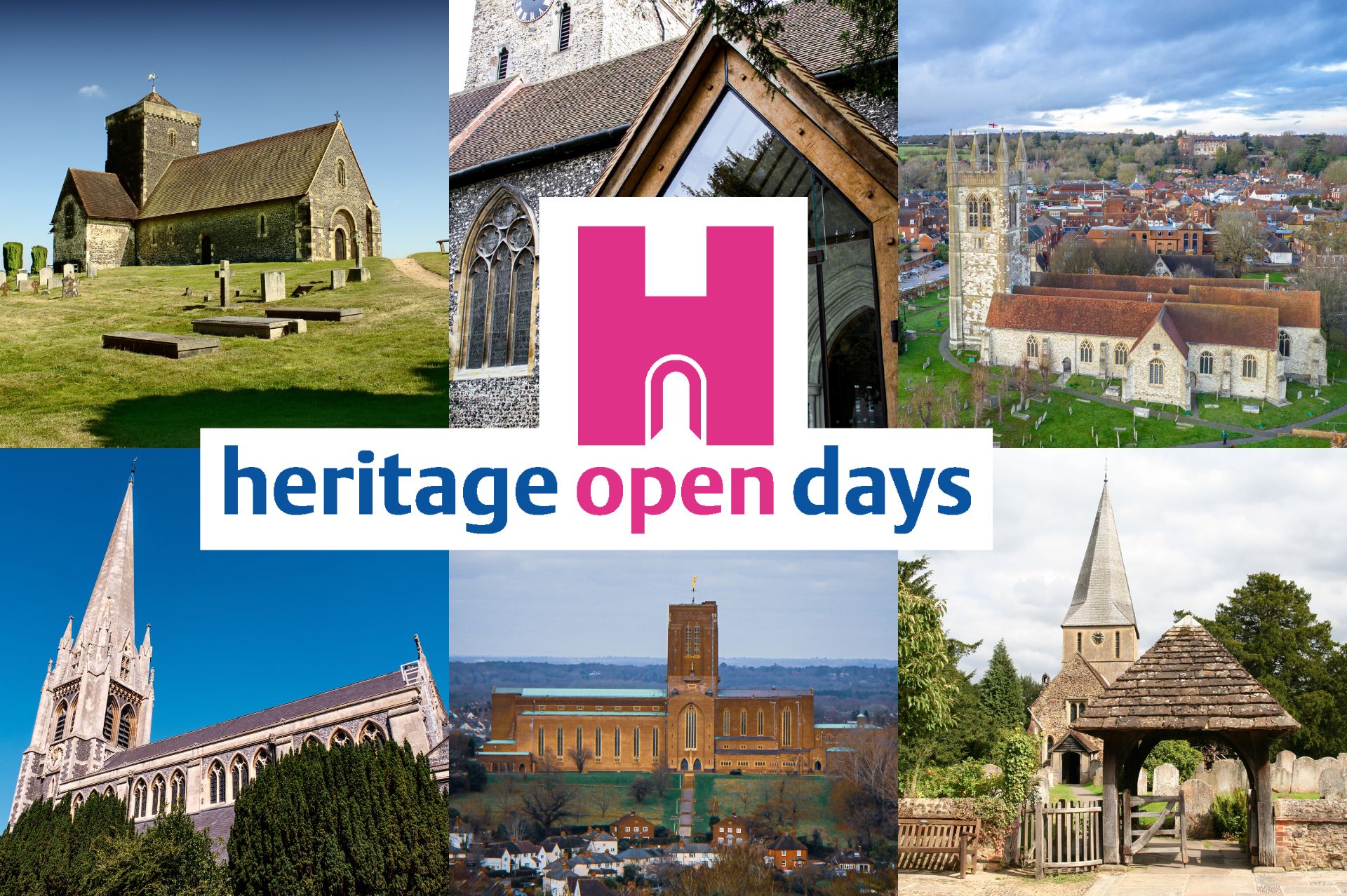 Heritage Open Days logo on top of images of St Mary's Guildford, St Martha-on-the-Hill Chilworth, St Andrew's Farnham, St Martin's Dorking, St James' Shere and Guildford Cathedral