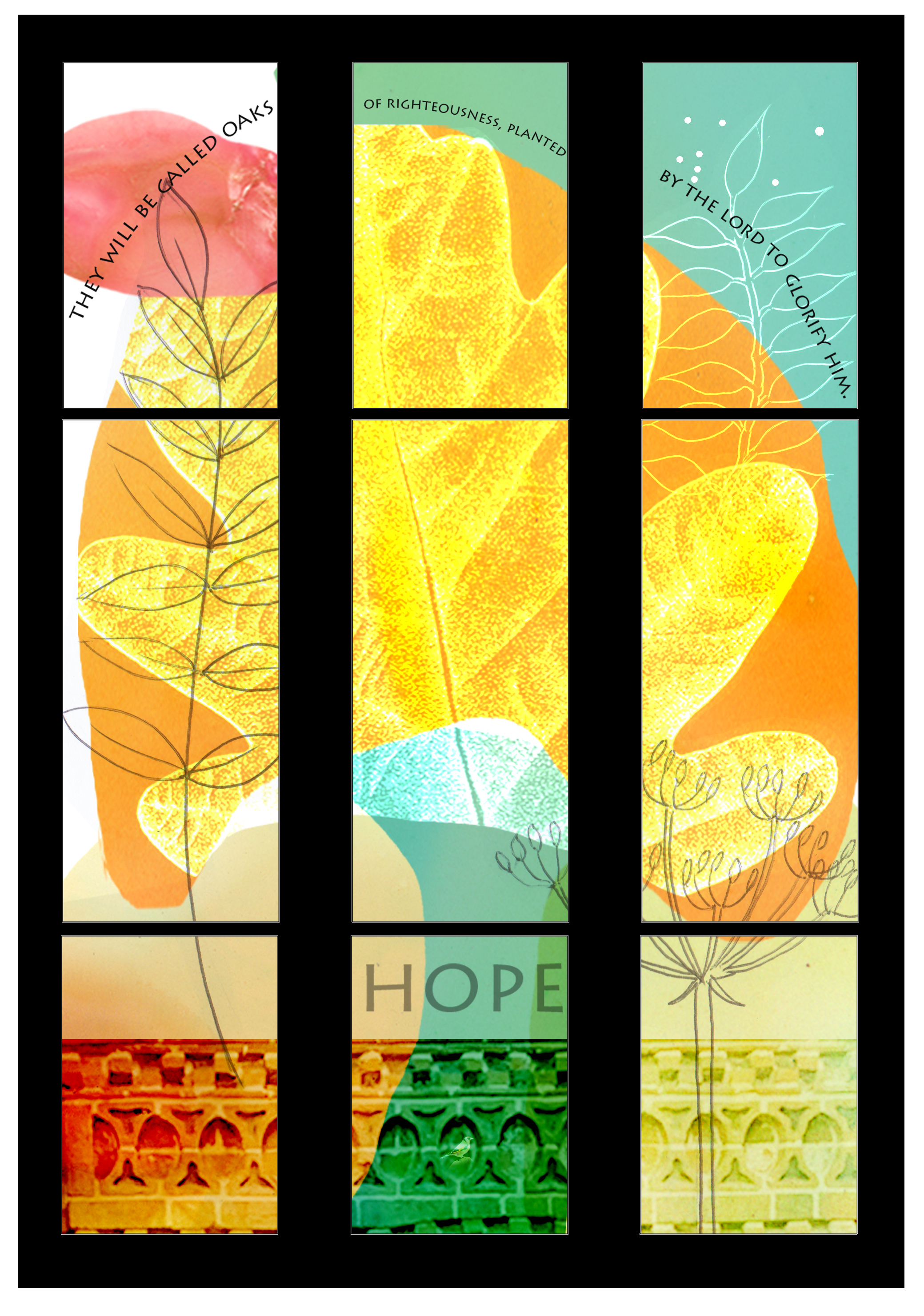 Artist impression of a new modern stained glass window with orange, yellow and turquiose shapes, a big oak leaf, saplings and the word hope