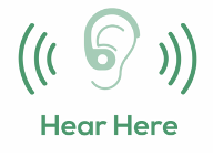 Logo for Hear Here, featuring an ear with a hearing aid