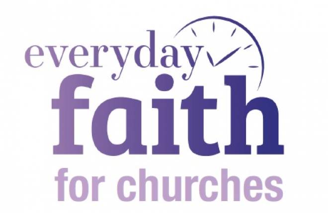 Logo with a clock stating 'Everyday faith for churches'