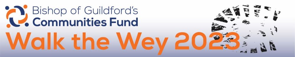 A logo reading Bishop of Guildford's Communities Fund Walk the Wey 2023 on white and blue gradient background and bootprint